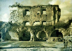 French soldiers in the courtyard of a heavily damaged castle blown up by German soldiers in 1917, Coucy-le-Chateau-Auffrique, Aisne, France by Fernand Cuville